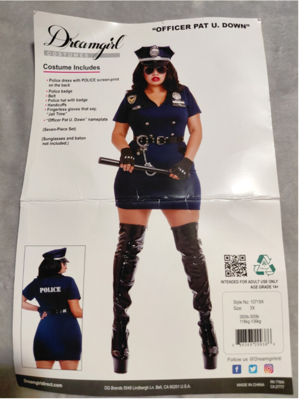 Dreamgirl Officer Pat U Down Police Cop Halloween Costume Dress Hat Plus Size 3X